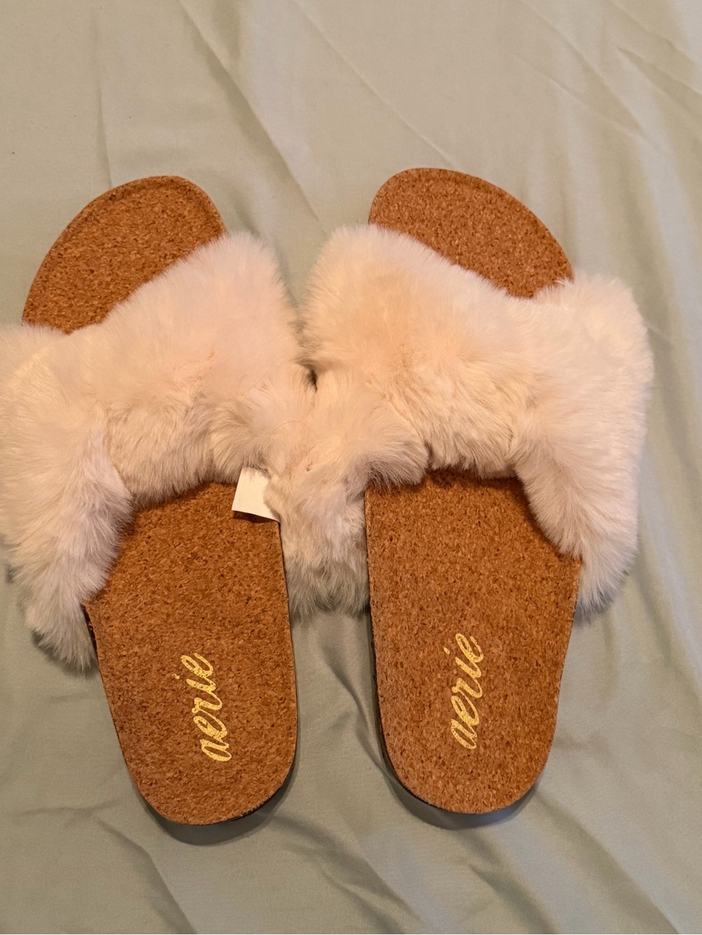 aerie Faux Fur Slide Sandals in ivory
